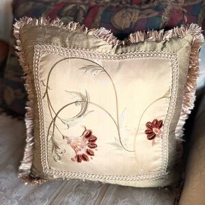Beautiful silk Down Custom sewn and embroidered Floral Fringed Throw Pillow 18”